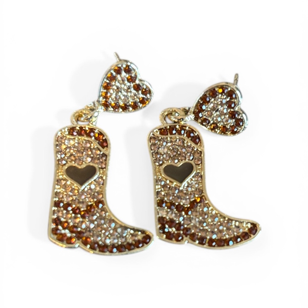 Crystal Cowboy Boot Dangle Earrings in Gold and Brown